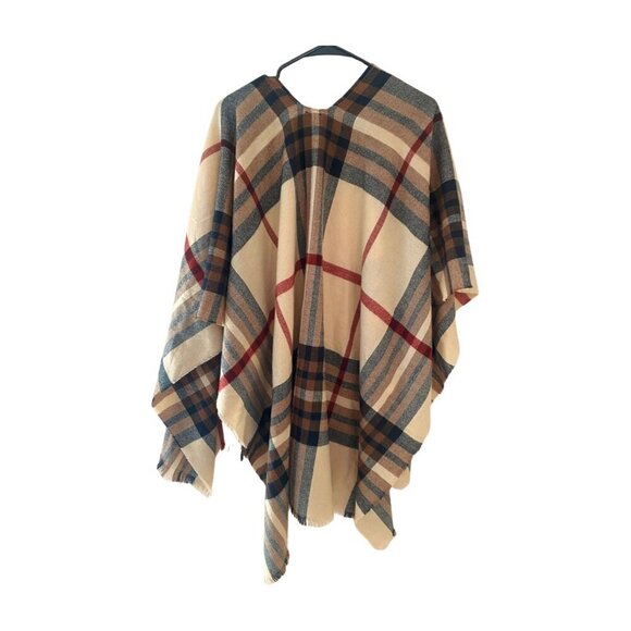 Fraas Classic Plaid Print Fringe-Trim Ruana Shawl in Beige Tan Women's One Size - Picture 3 of 4